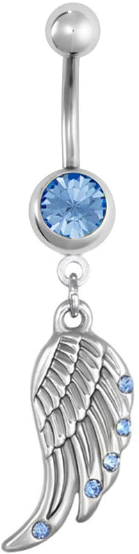 Forbidden Body Jewelry Surgical Steel Light Blue CZ Studded Angel Wing Dangle Belly Button Ring