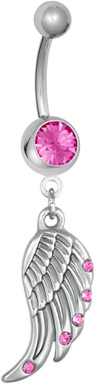 Forbidden Body Jewelry Surgical Steel Pink CZ Studded Angel Wing Dangle Belly Button Ring