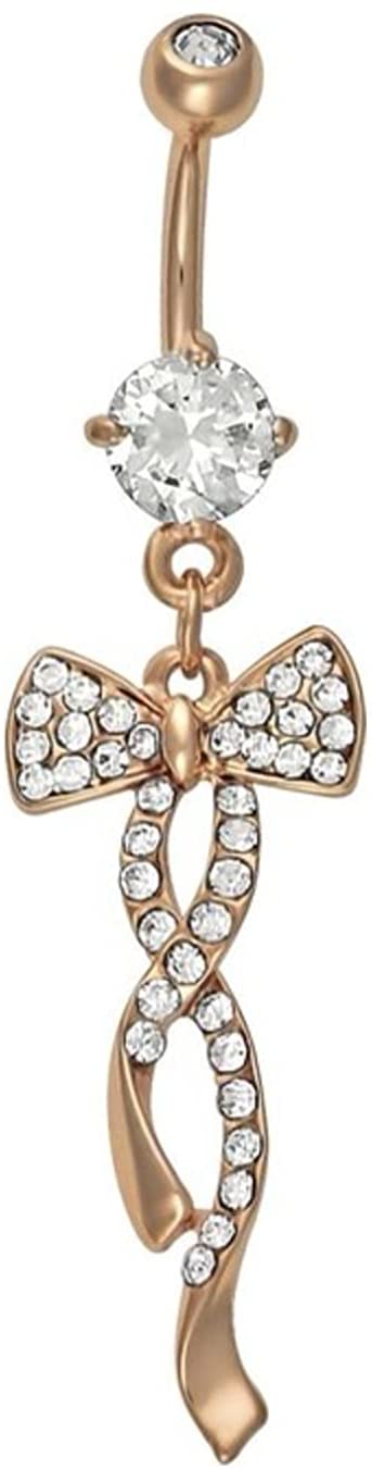 Forbidden Body Jewelry Rose Gold Plated Pave Crystal CZ Pretty Dangle Bow Charm Belly Button Ring