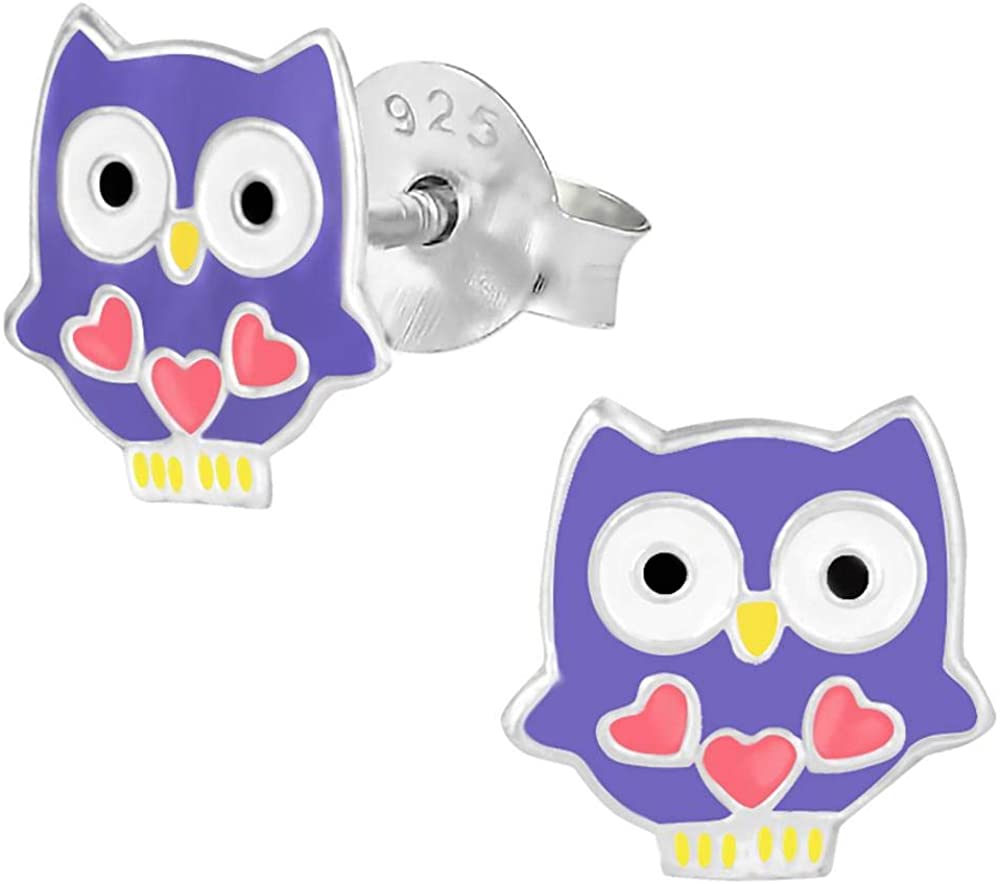 Hypoallergenic Sterling Silver Owl with Hearts Stud Earrings for Kids (Nickel Free)