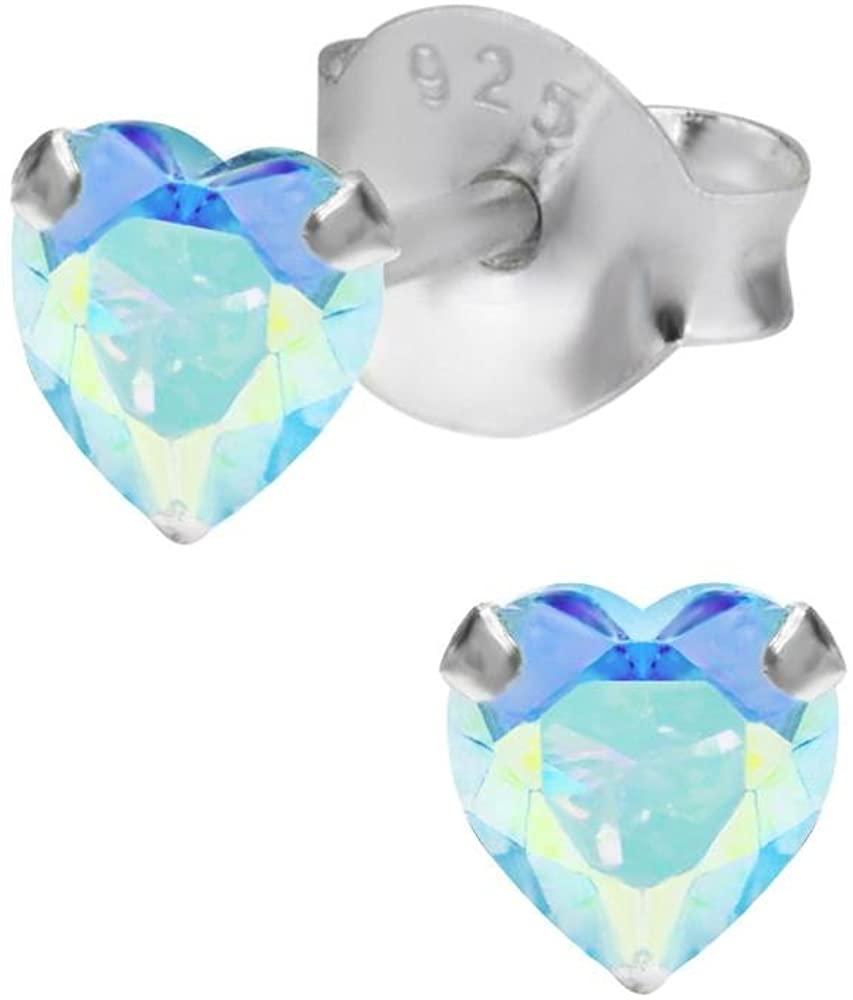 Hypoallergenic Sterling Silver Aurora Borealis Aqua CZ Heart Stud Earrings for Kids (Nickel Free)