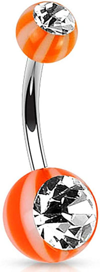 Surgical Steel Double Jeweled Acrylic Orange Candy Striped Belly Button Ring