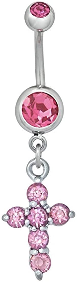 Forbidden Body Jewelry Surgical Steel Pink CZ Crystal Jeweled Cross Dangle Belly Button Ring