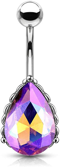 Forbidden Body Jewelry Surgical Steel Belly Ring with Iridescent AB Effect Tear Drop Crystal