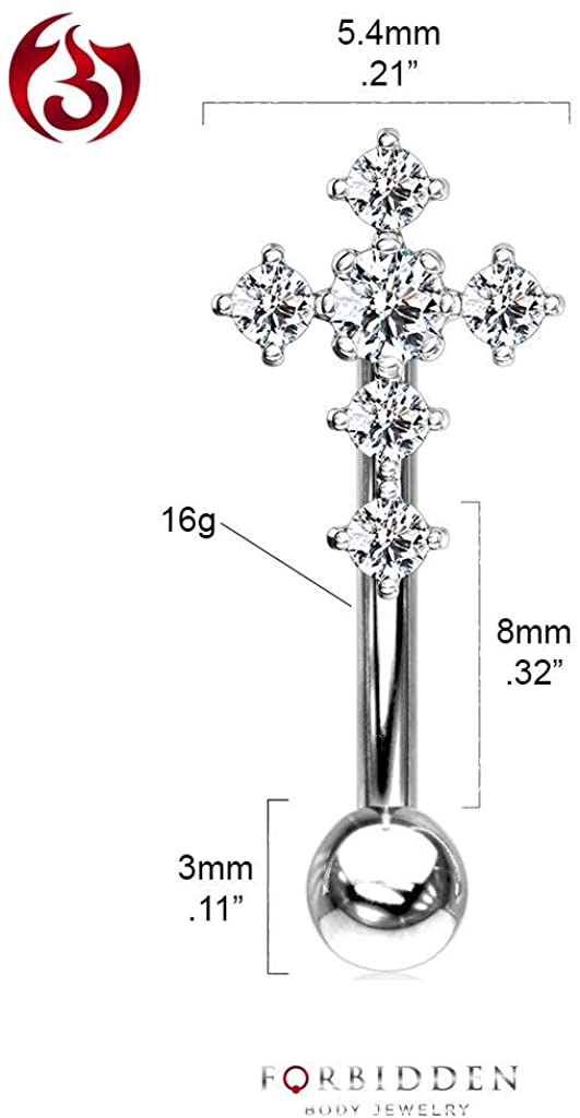 Forbidden Body Jewelry 16g 8mm Surgical Steel Curved Barbell for Daith, Eyebrow, Rook & Belly Button with CZ Cross Top