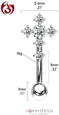 Forbidden Body Jewelry 16g 8mm Surgical Steel Curved Barbell for Daith, Eyebrow, Rook & Belly Button with CZ Cross Top