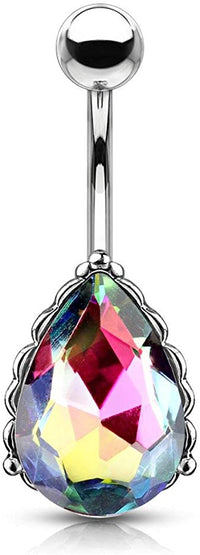 Forbidden Body Jewelry Surgical Steel Belly Ring with Iridescent AB Effect Tear Drop Crystal