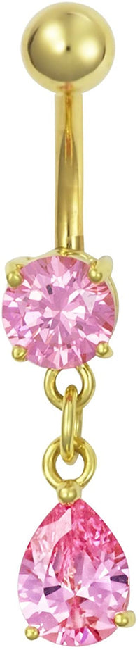 Forbidden Body Jewelry 14kt Gold Plated Surgical Steel Pink CZ Tear Drop Dangle Belly Button Ring