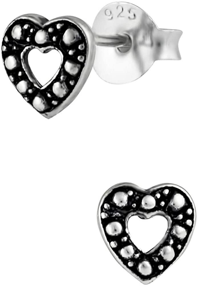 Hypoallergenic Sterling Silver Oxidized Heart Stud Earrings for Kids (Nickel Free)