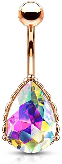 Forbidden Body Jewelry Surgical Steel Belly Ring with Iridescent AB Effect Tear Drop Crystal