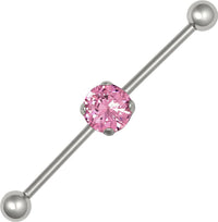 Forbidden Body Jewelry 14g Surgical Steel 38mm (1.5 Inch) Pink Solitaire CZ Crystal Industrial Barbell, 5mm Balls