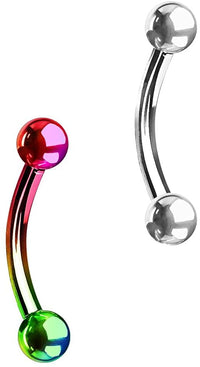 Forbidden Body Jewelry Set of 2 Petite Belly Rings: 14g 5/16 Inch Surgical Steel Curved Rainbow & Plain Barbells, 3mm Balls