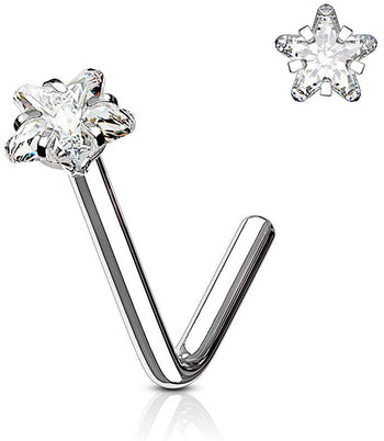 Forbidden Body Jewelry 18g/20g Surgical Steel 3mm CZ Star Top L-Shaped Nose Stud (Choose Gauge/Color)