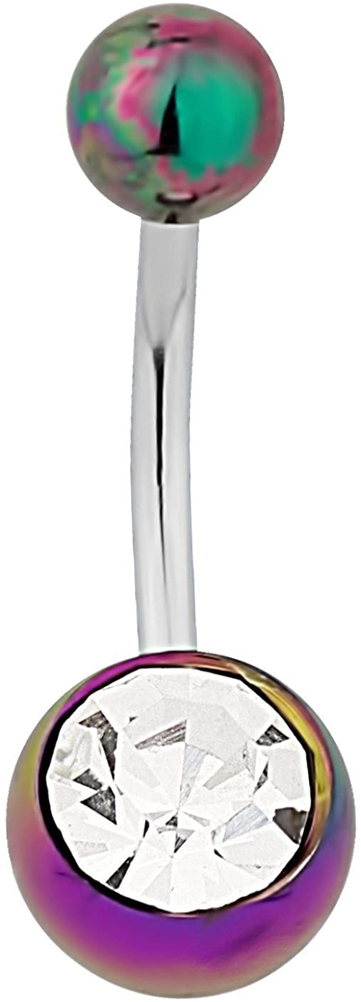 Surgical Steel Metallic Rainbow Jeweled Acrylic Belly Button Ring