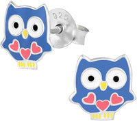 Hypoallergenic Sterling Silver Owl with Hearts Stud Earrings for Kids (Nickel Free)