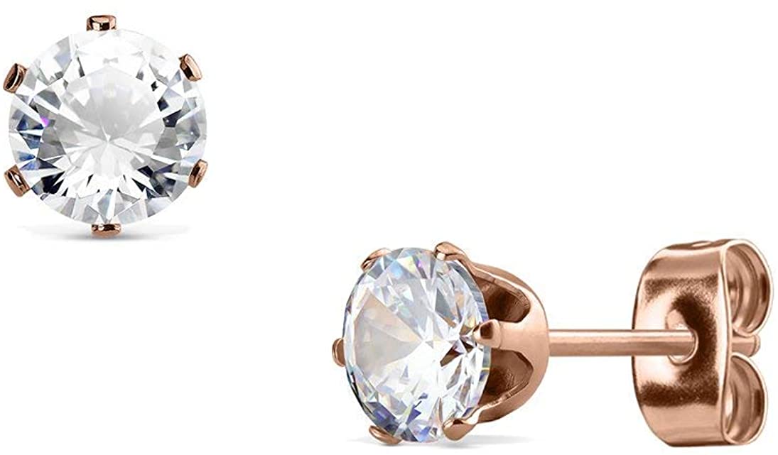 Rose Gold Plated Surgical Steel CZ Simulated Diamond Stud Earrings, 3mm-8mm