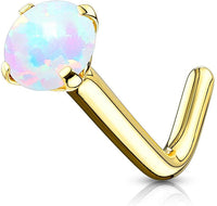 14k Gold L-Shaped 20g Nose Ring with White Opalite Top