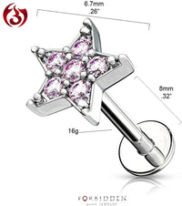 Forbidden Body Jewelry 16g 6-8mm Internally Threaded Surgical Steel Cartilage/Tragus/Labret/Monroe Piercing Stud w/CZ Star Top