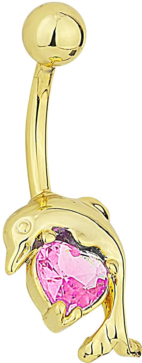 Forbidden Body Jewelry 14kt Gold Plated Pink Simulated Diamond Solitaire CZ Dolphin Heart Belly Button Ring