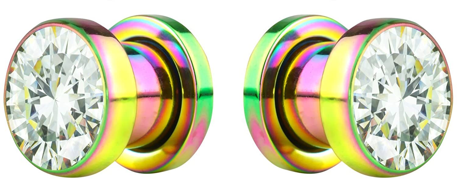 Forbidden Body Jewelry 2pcs 8G-7/8 Surgical Steel Screw Fit CZ Center Rainbow Tunnel Plug Earrings