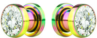 Forbidden Body Jewelry 2pcs 8G-7/8 Surgical Steel Screw Fit CZ Center Rainbow Tunnel Plug Earrings