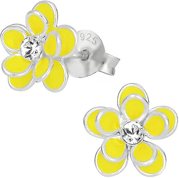 Hypoallergenic Sterling Silver Yellow Daisy Flower with Crystal Stud Earrings for Kids (Nickel Free)