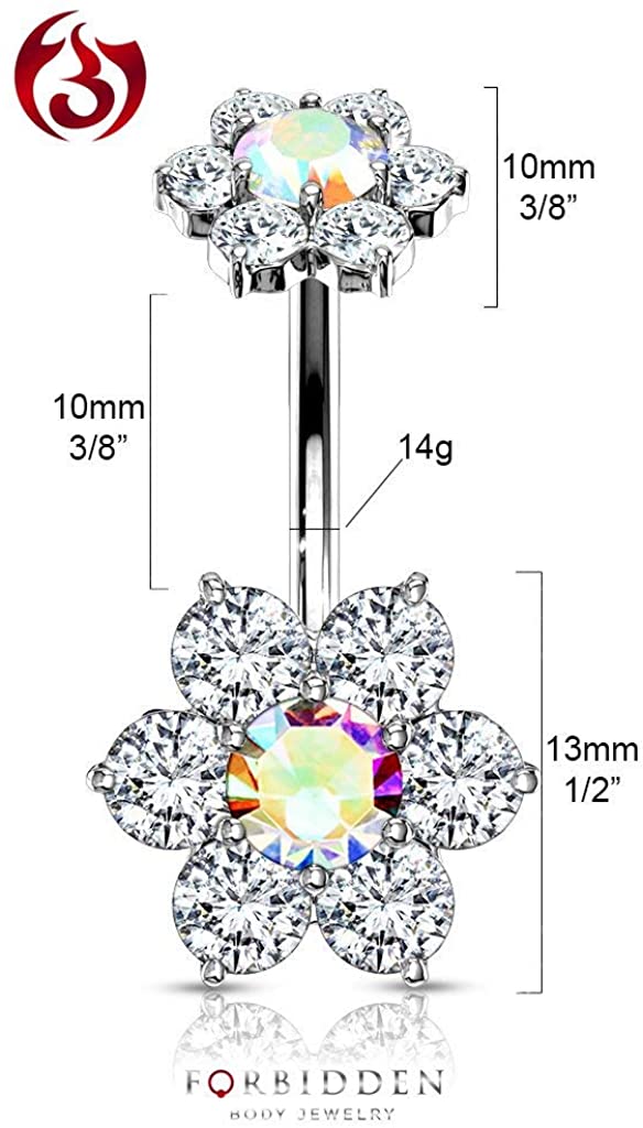 Forbidden Body Jewelry Surgical Steel Belly Button Ring with CZ Flower Design & Internally Threaded Matching Top