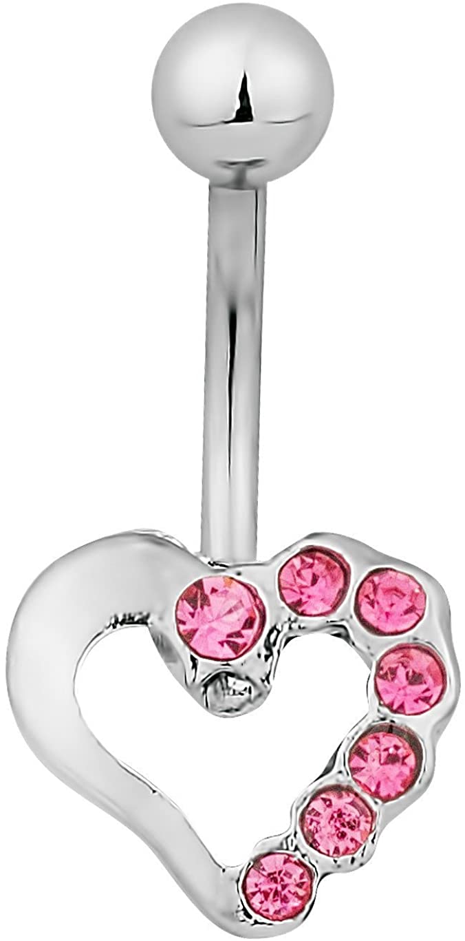 Forbidden Body Jewelry Surgical Steel Pink Pave Jeweled CZ Heart Belly Button Ring