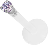 Forbidden Body Jewelry 14g 10mm BioFlex Tragus Earring, Helix Earring and Labret Piercing Stud, 2mm Violet Purple CZ Crystal