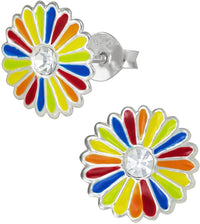 Hypoallergenic Sterling Silver Rainbow Flower with Crystal Stud Earrings for Kids (Nickel Free)