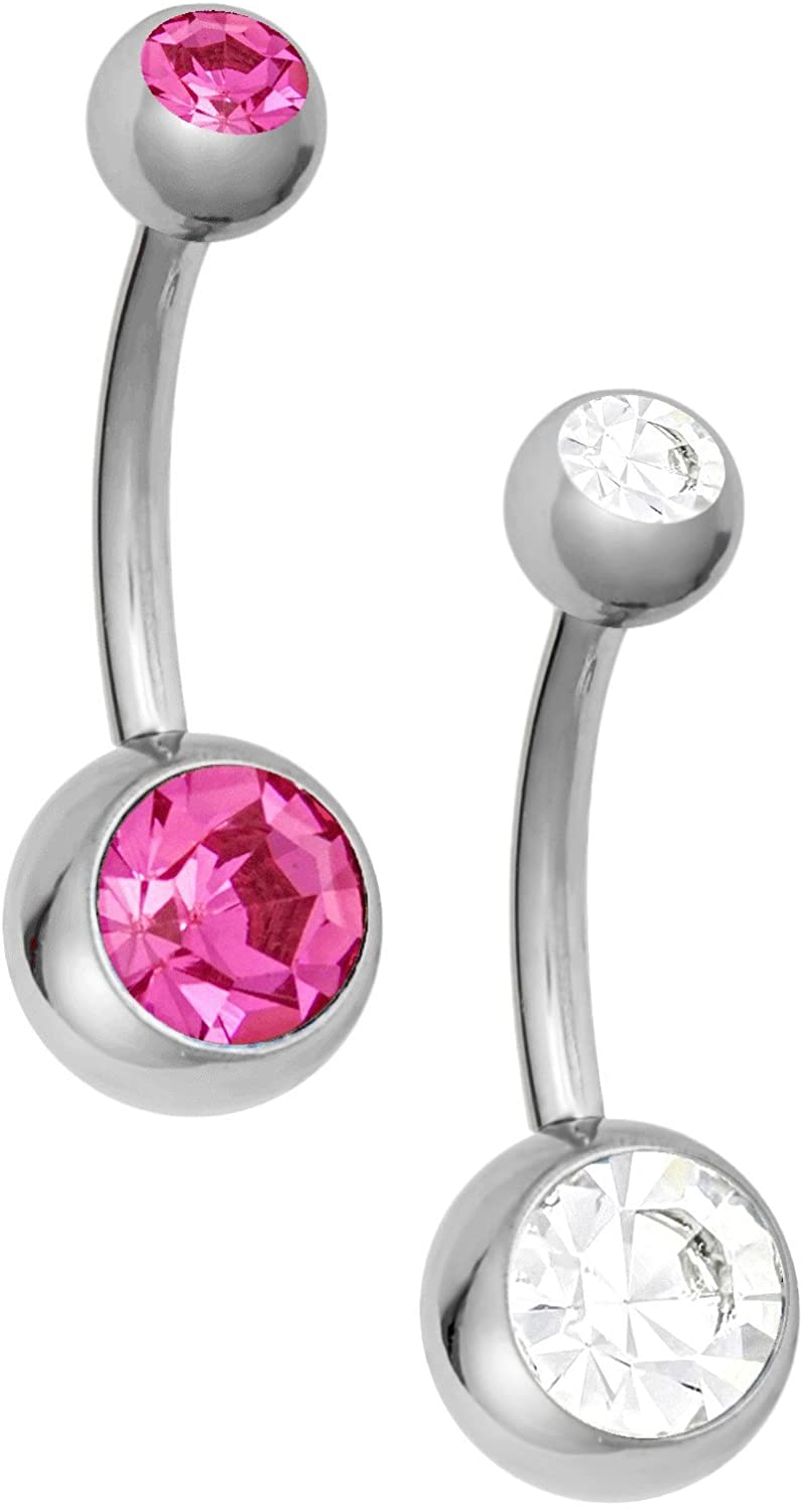 Forbidden Body Jewelry Set of 2 Belly Button Rings: Surgical Steel CZ Pink & Clear Navel Rings