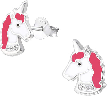 Hypoallergenic Sterling Silver Unicorn Stud Earrings for Little Girls (Crystal/Hot Pink)