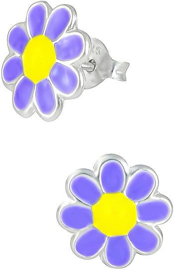 Hypoallergenic Sterling Silver Purple & Yellow Daisy Flower Stud Earrings for Kids (Nickel Free)