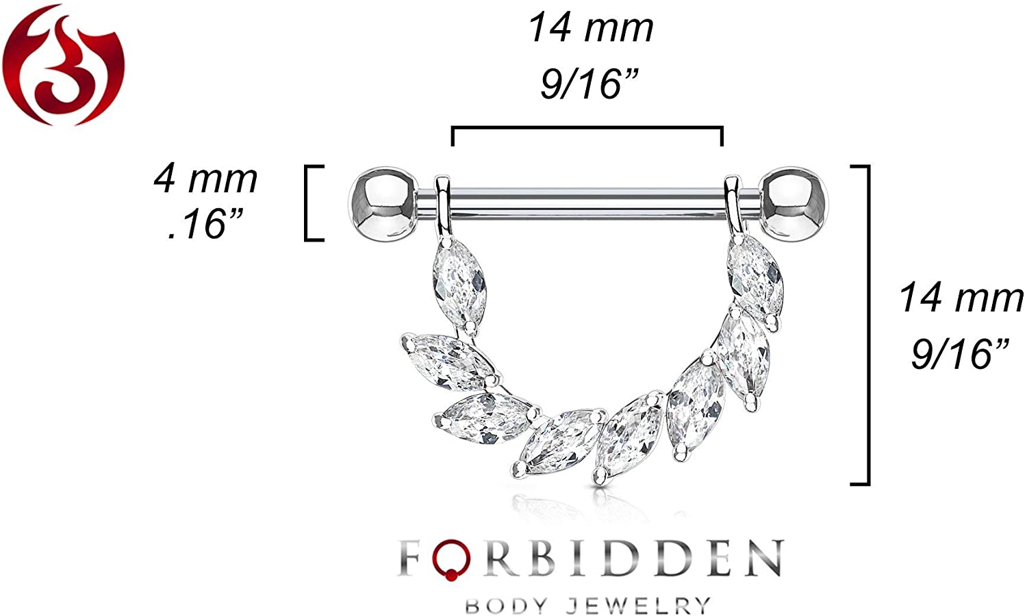 Forbidden Body Jewelry Pair of Surgical Steel 9/16 Inch (14mm) Sexy CZ Vine D-Ring Dangle Nipple Barbells