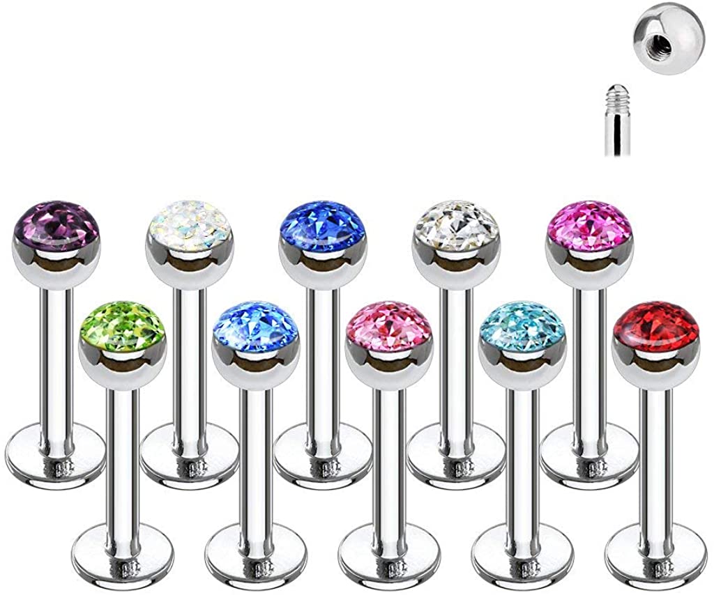 Forbidden Body Jewelry 16g 8mm Surgical Steel Ferido Crystal 4mm Top Cartilage & Labret Stud (Choose Color)