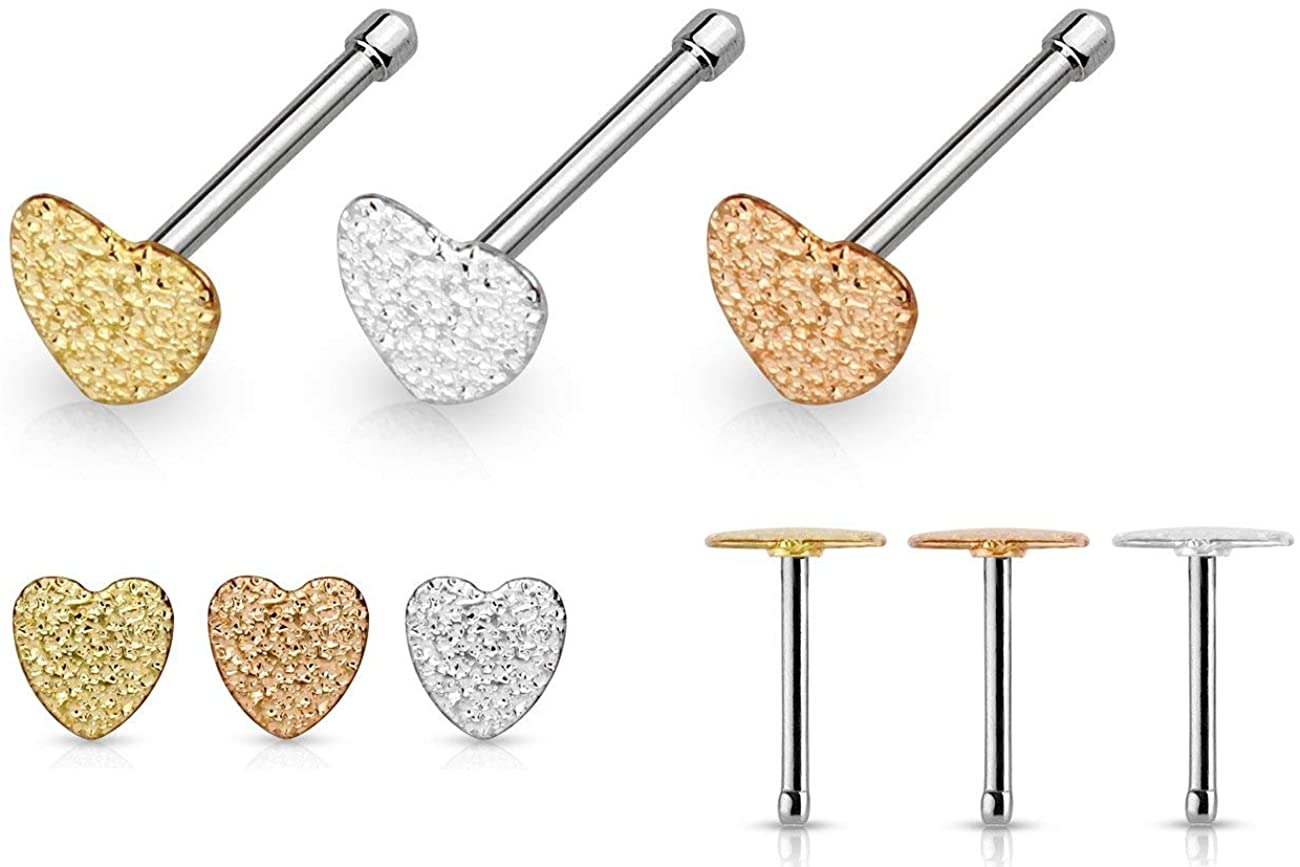 Forbidden Body Jewelry 20g Surgical Steel 5mm Sparkly Heart Top Nose Stud (Choose Color)