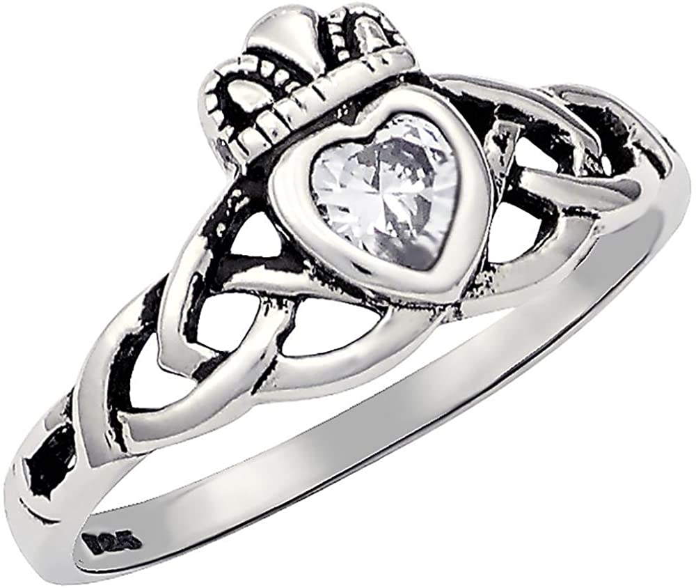 Kinzie Fashion Sterling Silver Traditional Celtic Knot .25 cttw CZ Simulated Diamond Claddagh Ring