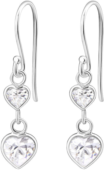 Hypoallergenic Sterling Silver Double Heart CZ Dangle Earrings for Kids (Clear)