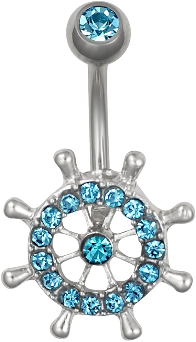 Forbidden Body Jewelry Surgical Steel Aqua Blue Pave CZ Crystal Ship Wheel Nautical Belly Button Ring