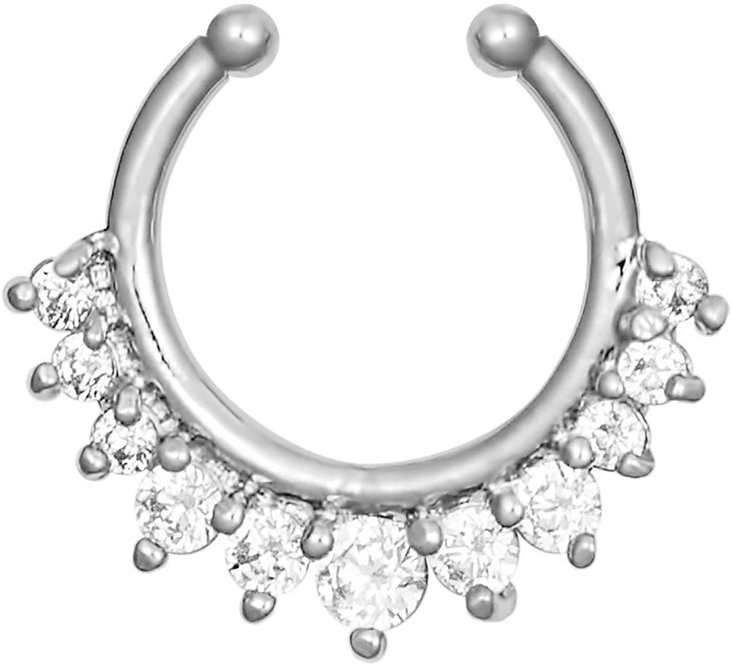 Forbidden Body Jewelry Non-Piercing Septum Jewelry: Multi Gem CZ Clip On Fake Septum Ring Hanger (No Piercing Required)