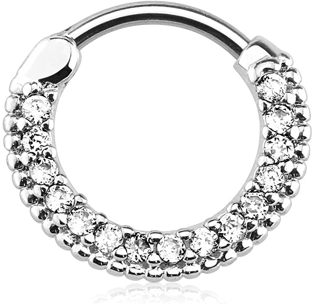 Forbidden Body Jewelry 16g 10mm Rounded Top Pave Lined CZ Crystal Clicker Hoop for Septum and Cartilage Piercings