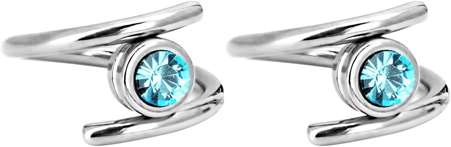 Forbidden Body Jewelry Pair of 2 Unique Twist Piercing Rings: 14g 7/16 Inch Surgical Steel Aqua Blue CZ Twist Hoop Rings