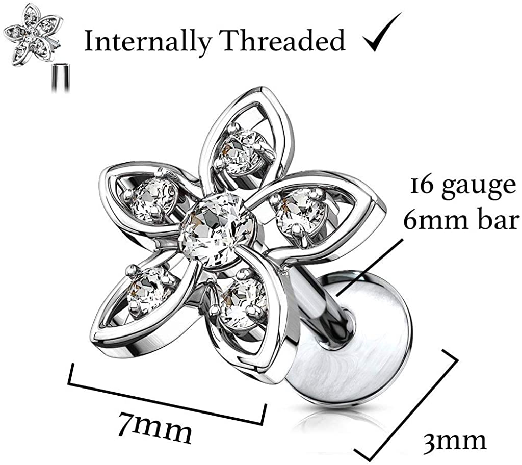 Forbidden Body Jewelry 16g Internally Threaded Surgical Steel CZ Flower Top Cartilage Stud (Choose Length)