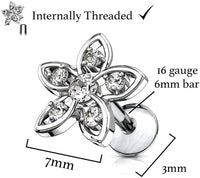 Forbidden Body Jewelry 16g Internally Threaded Surgical Steel CZ Flower Top Cartilage Stud (Choose Length)