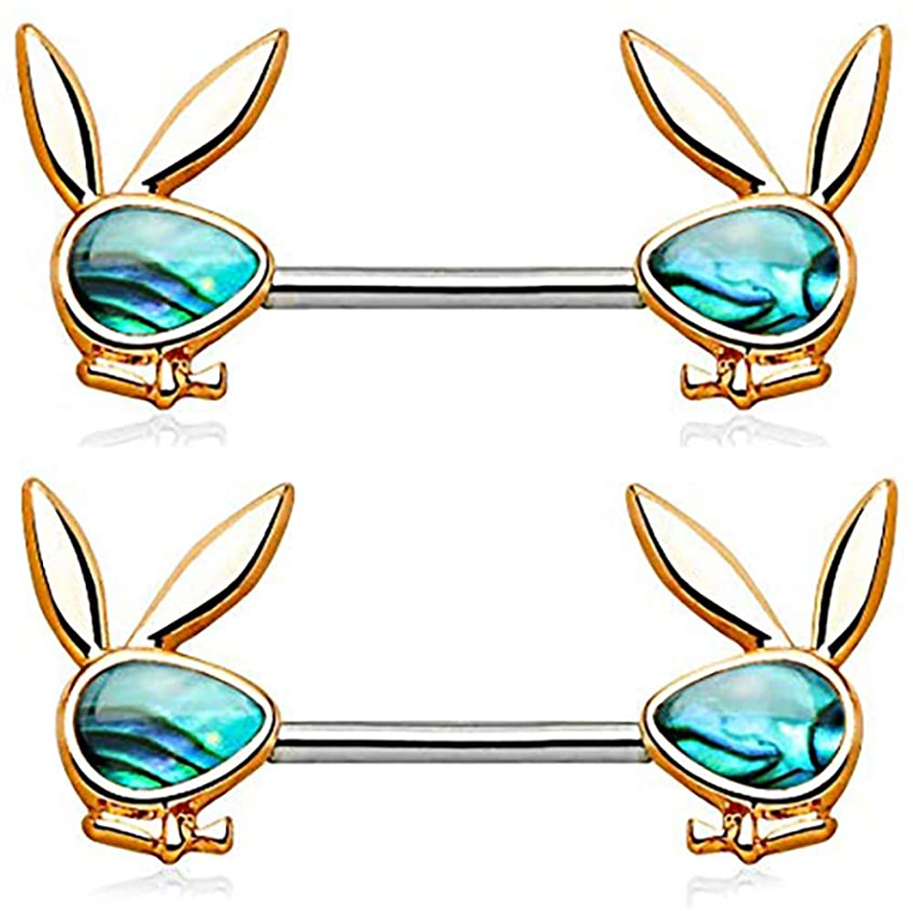 Forbidden Body Jewelry Surgical Steel Abalone Shell Playboy Bunny Emblem Nipple Barbells