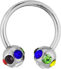 Forbidden Body Jewelry 14g 12mm Surgical Steel Horseshoe Piercing Ring with 7-Gem Rainbow Crystal 6mm Balls