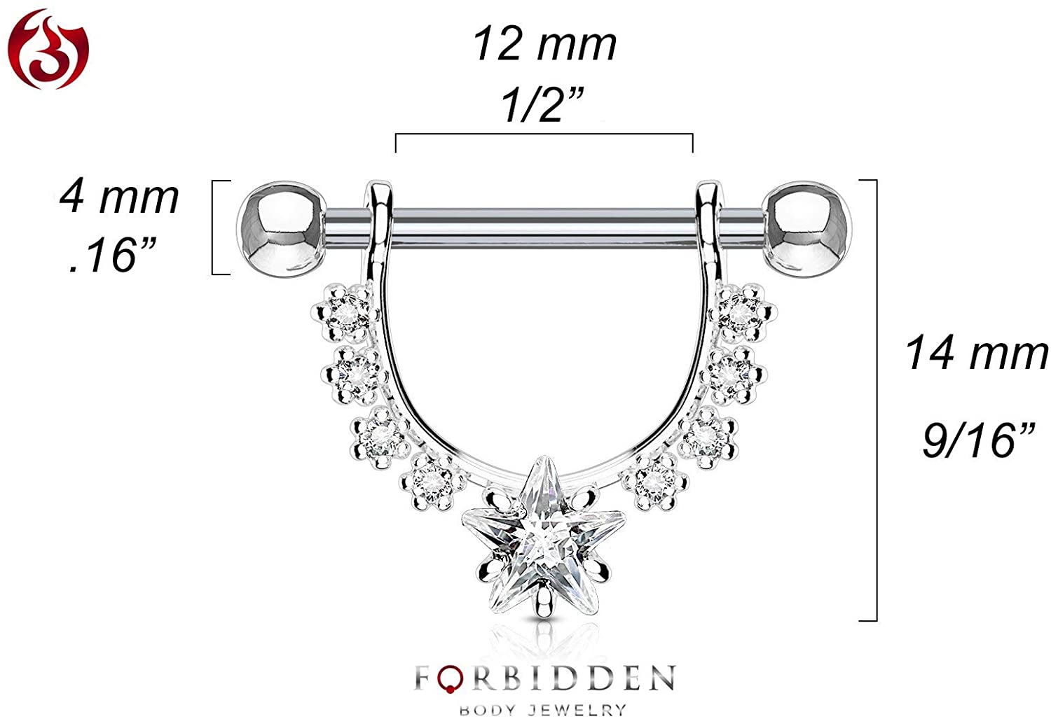 Forbidden Body Jewelry Pair of Surgical Steel 1/2 Inch (12mm) D-Ring Style CZ Star Dangle Nipple Barbells