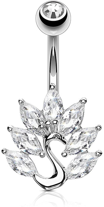 Forbidden Body Jewelry Surgical Steel CZ Simulated Diamond Feathers Peacock Belly Button Ring