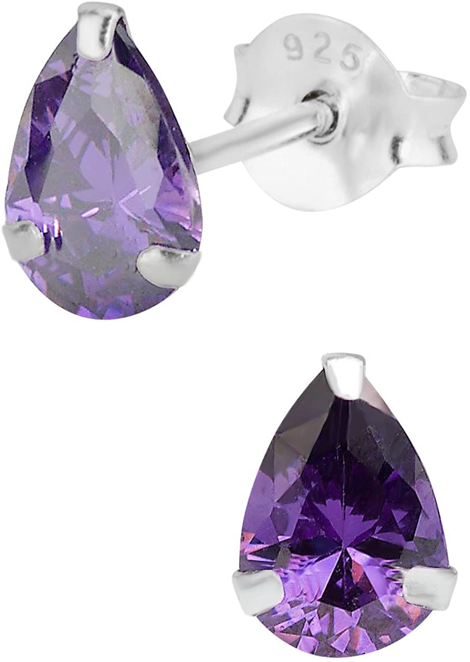 Hypoallergenic Sterling Silver Pear Cut Purple CZ Stud Earrings for Kids (Nickel Free)