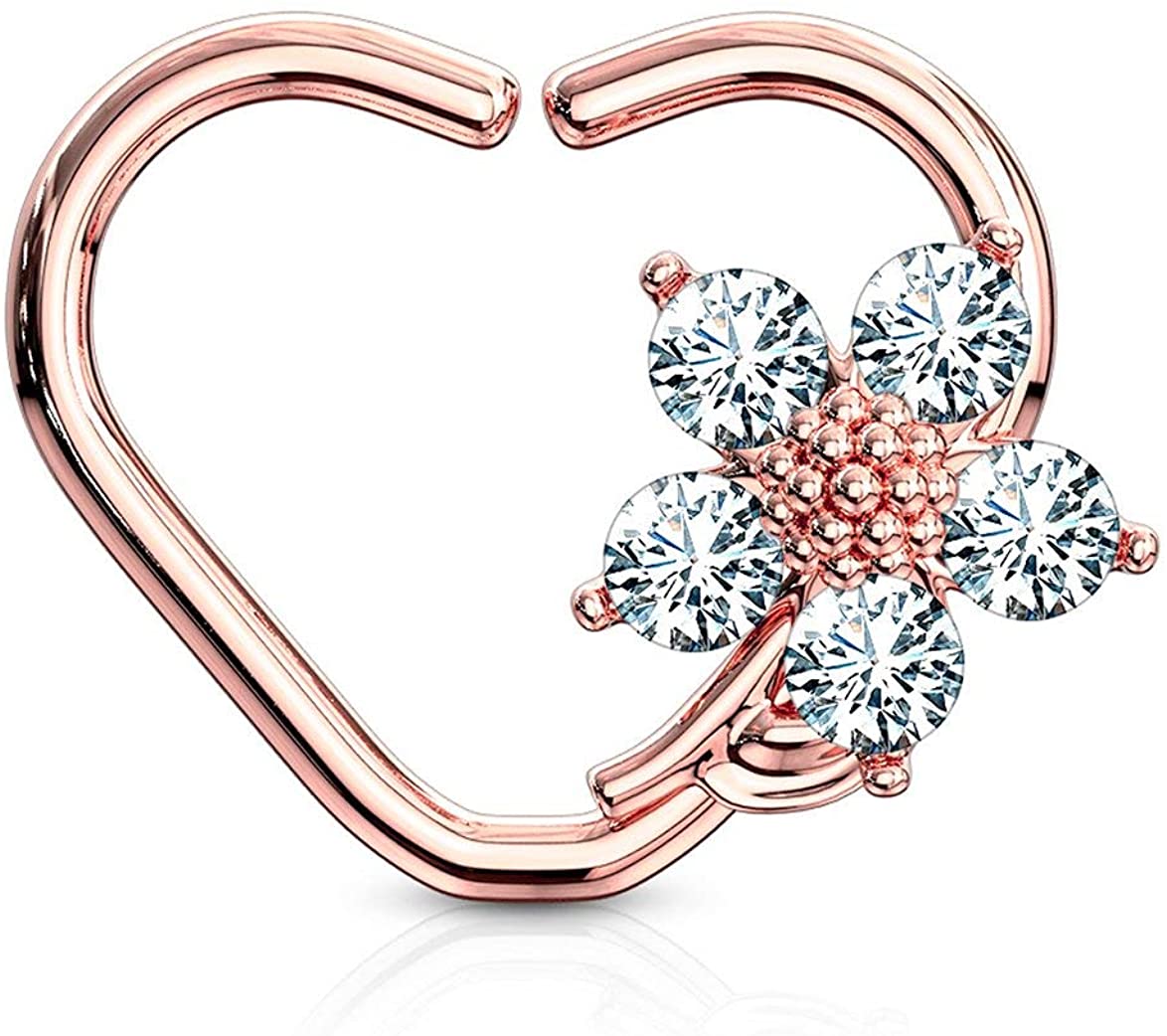 Forbidden Body Jewelry 16g Platinum & Gold Plated Heart w/CZ Flower Daith & Cartilage Hoop Earring